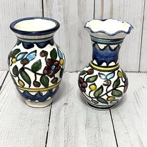 Set of 2 Hand Painted Jerusalem Floral Bud Vases Small